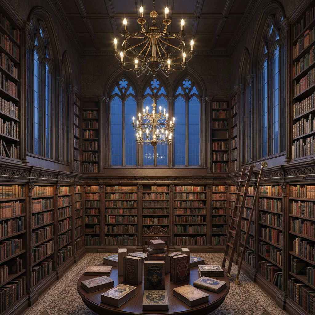 A high, wide-angle photographic view of a double-height manor library converted into the headquarters of an independent Gothic press. Tall arched windows line one wall, allowing late evening blue-hour light to mingle with the warm glow of hanging brass chandeliers. Custom wooden shelving wraps the room, filled with curated rows of hardcovers and limited-edition volumes. At the center stands a large circular table displaying neatly fanned-out Gothic, horror, historical, and esoteric titles. A rolling library ladder leans gracefully against the shelves. The composition emphasizes architectural symmetry and vertical lines, with sharp focus throughout. The atmosphere is grand yet welcoming, suggesting a historic publishing institution that treasures books as physical artifacts and portals to darker, atmospheric worlds.