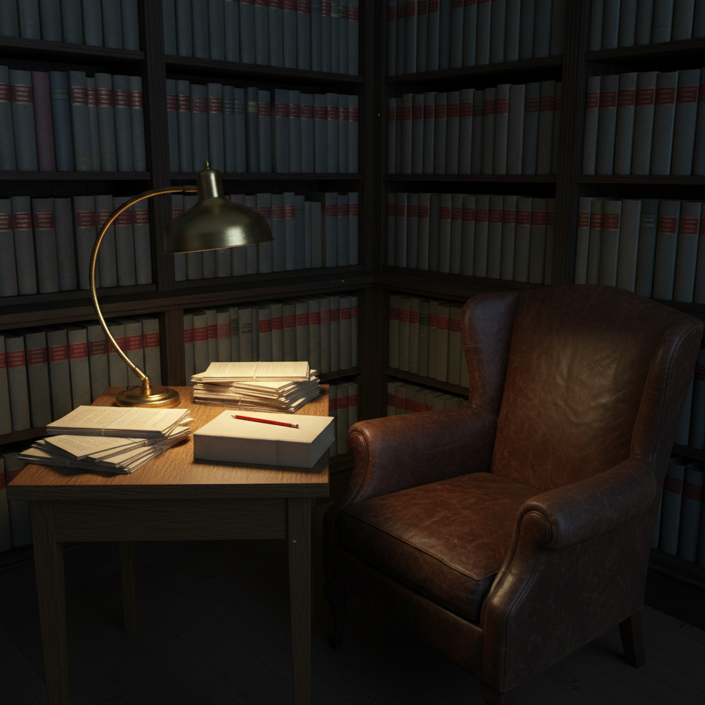A secluded editorial corner inside an old private library, captured in detailed photographic realism. A worn leather armchair faces a compact oak editing table, where neatly stacked manuscript pages, a red pencil, and a cloth-bound proof copy rest beside a brass desk lamp. Behind the chair, built-in bookshelves hold rows of Gothic, horror, and historical titles in subdued, coordinated colors. The lamp casts a pool of warm light over the tabletop, contrasting with the cooler, dim ambient light of the room, leaving the distant shelves in soft shadow. Shot from a slightly elevated side angle, the scene feels quiet, studious, and refined, emphasizing the careful, traditional craft behind publishing atmospheric fiction without any clutter or overtly macabre elements.