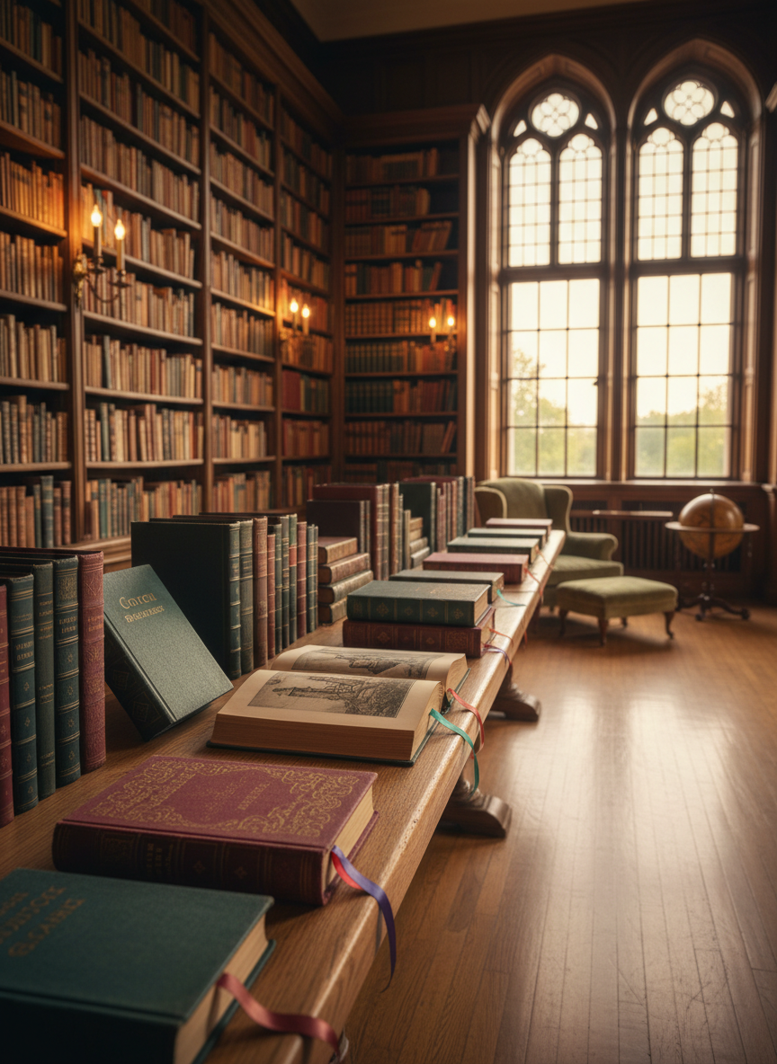 A long oak library table in a grand, wood-paneled reading room of an old manor house, photographed at eye level. The table is covered with richly textured, cloth-bound Gothic and historical novels, some half-open with intricate endpapers and ribbon bookmarks. Towering bookshelves rise in the background, filled with worn leather spines and illuminated by warm brass sconces. Late afternoon light filters through tall mullioned windows, casting golden beams and soft shadows across the polished floor. The mood is sophisticated and contemplative, evoking a private literary sanctuary. Photographic realism with a shallow depth of field keeps the foreground books in crisp focus while the distant shelves fall into a gentle blur.