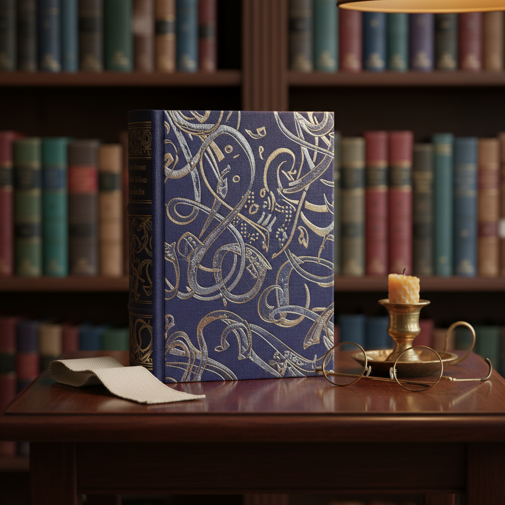 A close-up, photographic image of a meticulously arranged still life on a dark mahogany side table in a historic library. Centered is a single, beautifully bound Gothic novel in deep indigo cloth, embossed with intricate, abstract metallic detailing. Around it lie a folded linen bookmark, a pair of delicate brass reading spectacles, and a small, unlit beeswax candle in an antique brass holder. The backdrop is a slightly blurred row of leather-bound volumes in muted jewel tones. Warm lamp light from the right creates gentle highlights on the metallic embossing and soft, velvety shadows on the cloth cover. Shot at a shallow depth of field and eye level, the mood is intimate, scholarly, and quietly luxurious, ideal for highlighting a featured title.
