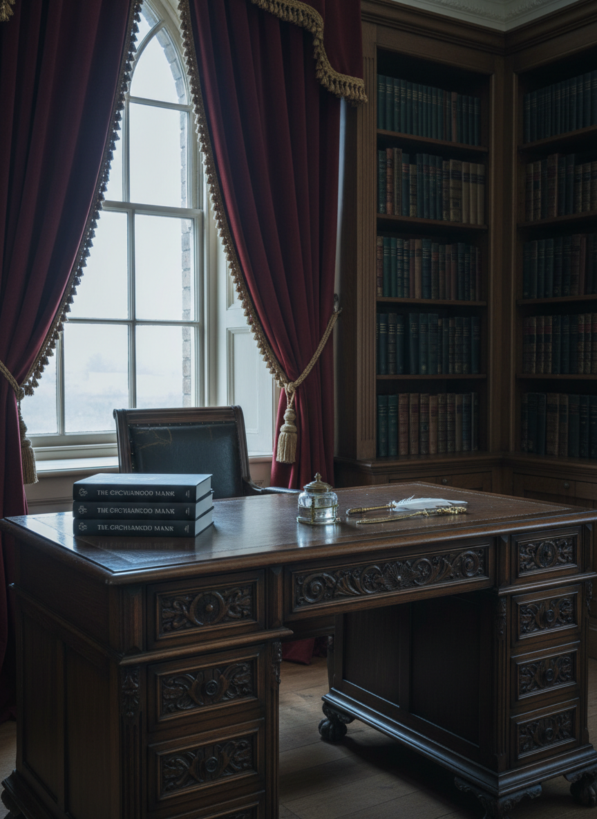 An ornate, antique wooden publisher’s desk positioned in front of a tall window draped with heavy velvet curtains in a historic study, captured in photographic realism. On the desk rest a stack of freshly printed Gothic novels with elegant, minimally illustrated covers, alongside a vintage inkwell, fountain pen, and a brass letter opener. Shelves of old hardcovers line the walls behind, their spines subtly varied in deep greens, burgundies, and browns. Soft overcast daylight filters through the curtains, creating a cool, diffused glow and understated reflections on the desk’s surface. Shot from a slightly elevated three-quarter angle, the composition feels refined and orderly, with an atmosphere of quiet, old-world professionalism and literary craft.