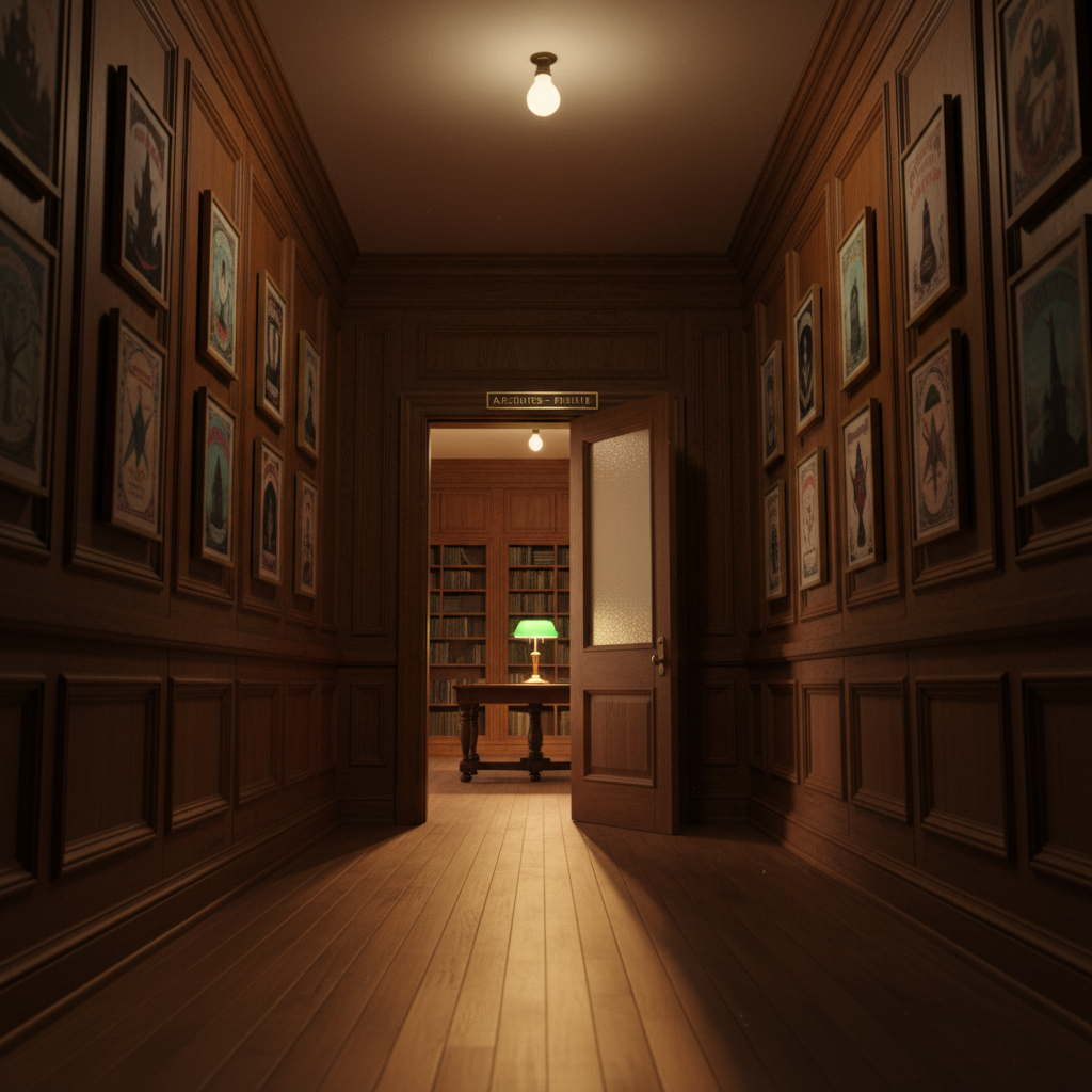 A narrow, wood-paneled hallway in an old publishing house leading to a half-open door marked by a frosted glass panel, photographed in cinematic realism. Inside the room, glimpsed through the doorway, floor-to-ceiling bookshelves and a central reading table are softly lit by a green-shaded banker’s lamp. The corridor walls are lined with framed, text-free mockups of classic Gothic and esoteric book covers, their designs barely discernible in the dimness. Warm, low-key lighting from a single overhead fixture casts elongated shadows along the polished wooden floor. Shot from a low, centered perspective, the image creates a subtle sense of mystery and invitation, evoking the threshold to a hidden literary world without feeling ominous or macabre.