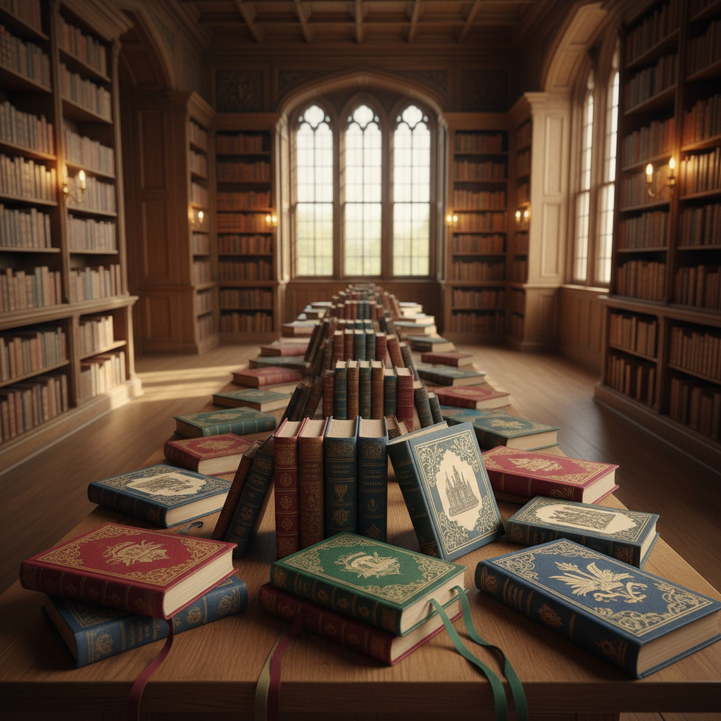 A long oak library table in a grand, wood-paneled reading room of an old manor house, photographed at eye level. The table is covered with richly textured, cloth-bound Gothic and historical novels, some half-open with intricate endpapers and ribbon bookmarks. Towering bookshelves rise in the background, filled with worn leather spines and illuminated by warm brass sconces. Late afternoon light filters through tall mullioned windows, casting golden beams and soft shadows across the polished floor. The mood is sophisticated and contemplative, evoking a private literary sanctuary. Photographic realism with a shallow depth of field keeps the foreground books in crisp focus while the distant shelves fall into a gentle blur.