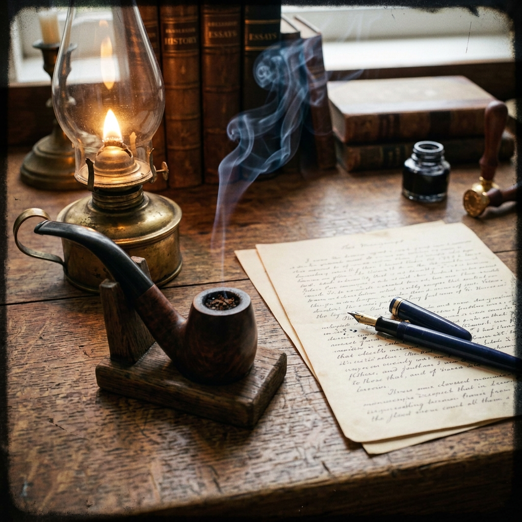 Oil lamp, smoking pipe, handwritten pages, pens, and antique books on a wooden desk