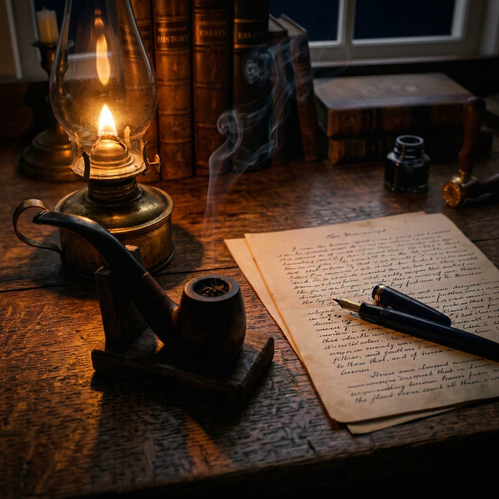 Oil lamp, smoking pipe, handwritten pages, pens, and antique books on a wooden desk